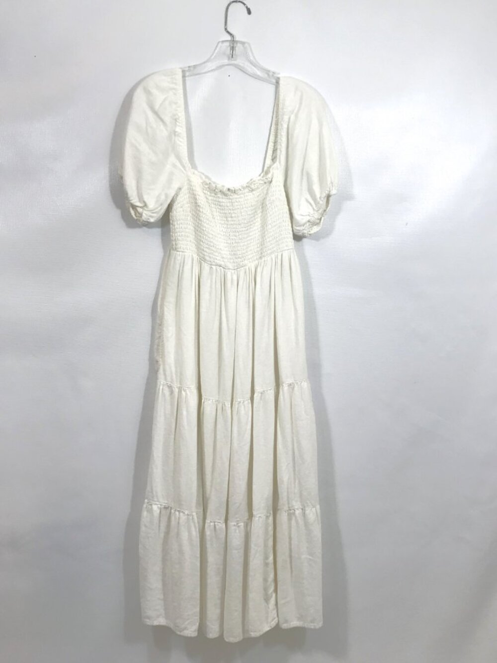 Abercrombie Linen Summer Dress Smocked Puff Sleeve Tiered Boho Midi White M - Picture 2 of 13